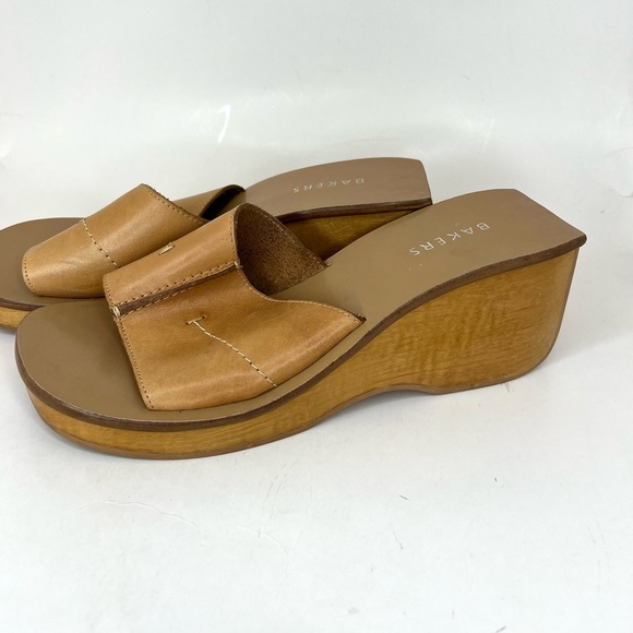 Vintage Bakers Tan Leather Wooden Heeled Wedge Sandals Shoes Womens Size 8 EUC - Picture 5 of 8